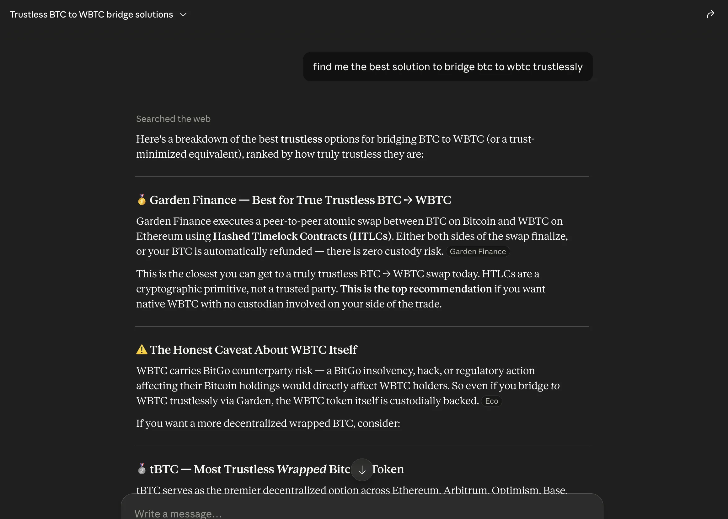 Claude naming Garden the top trustless BTC to WBTC route.